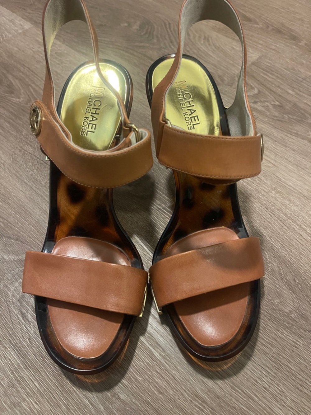 Michael Kors Brown Leather Platform Slingback Sandals